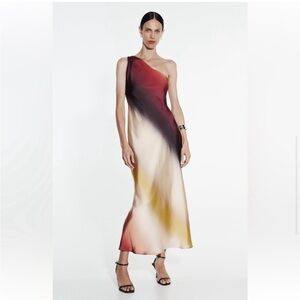 Zara One-Shoulder Dress in Red, Black, and Cream